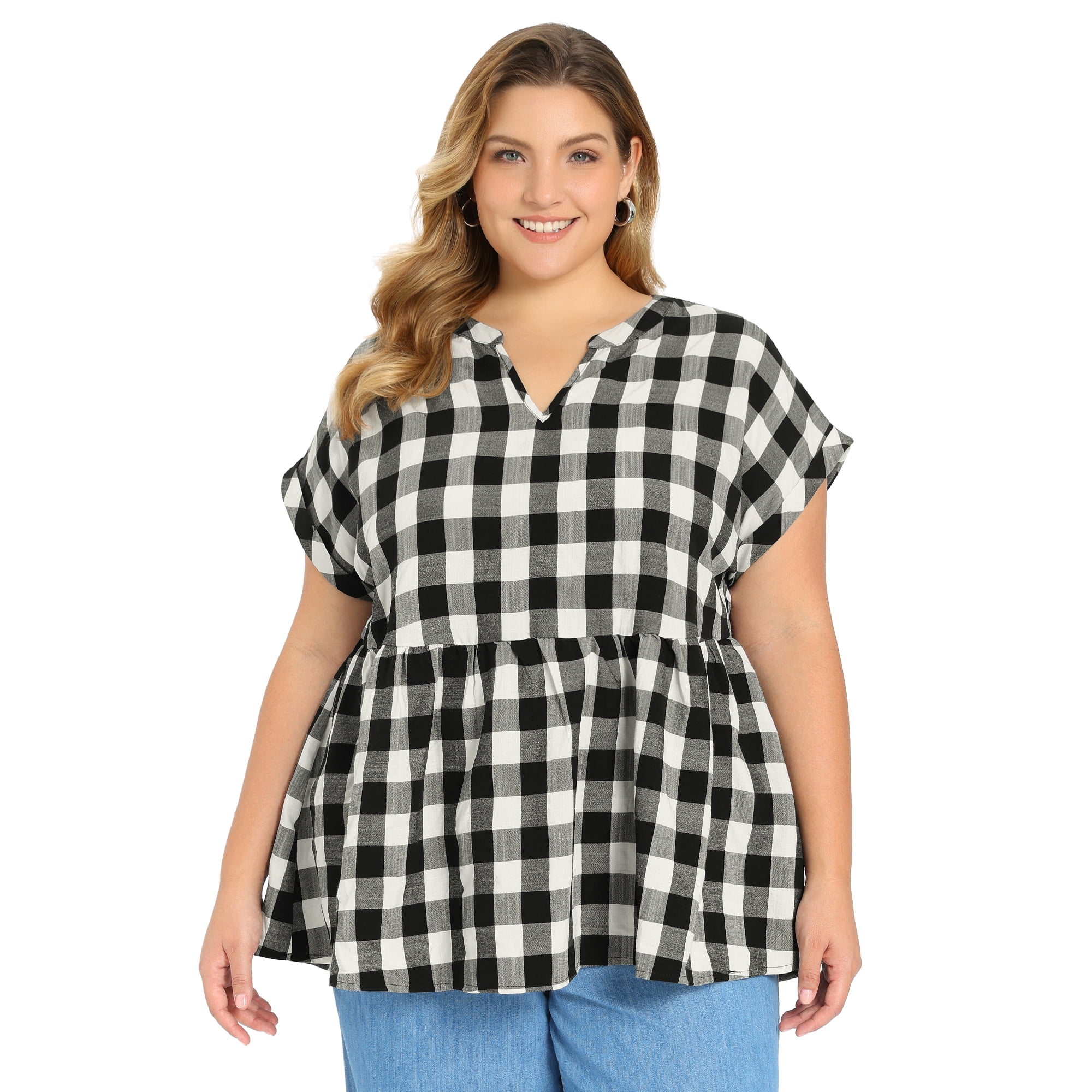 DARING DIVA Women's Plus Gingham Notch V Neck Blouse Babydoll Peplum Top 2X Black