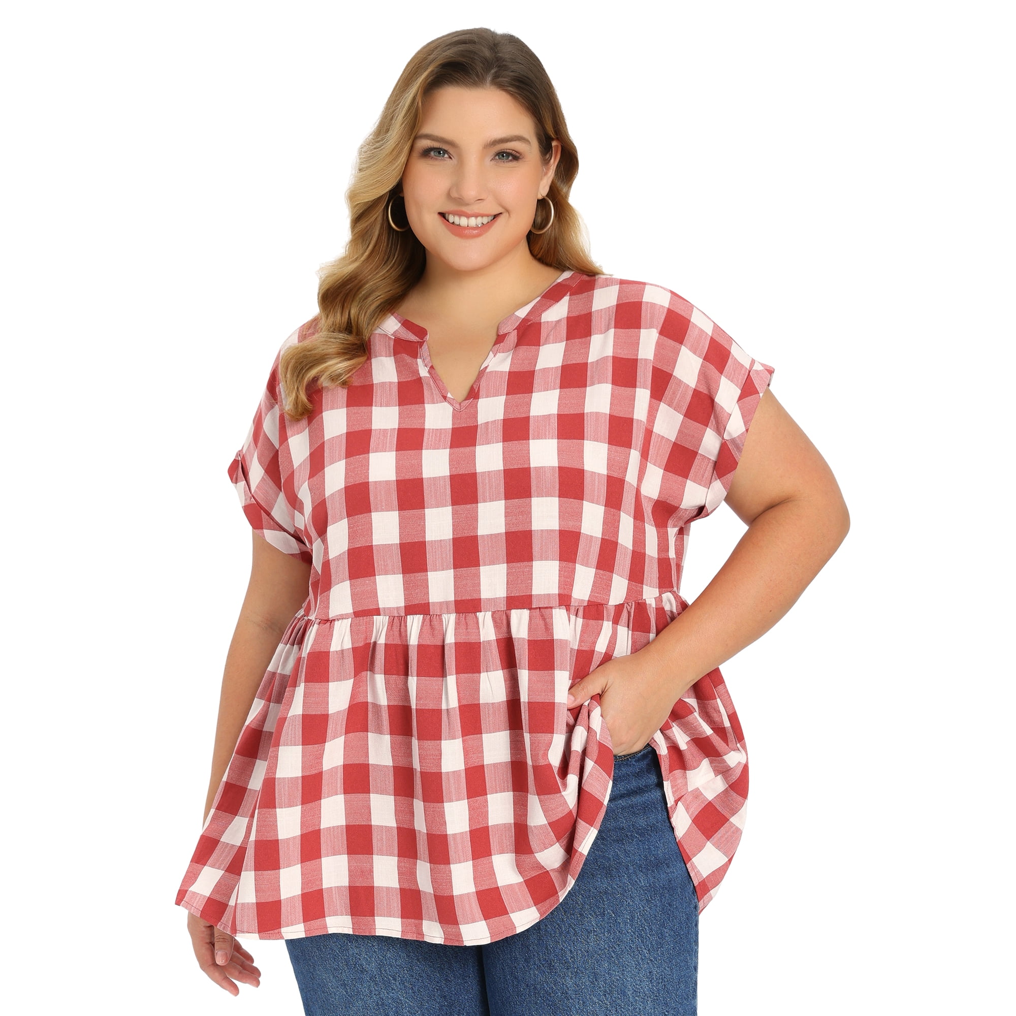 DARING DIVA Women's Plus Gingham Notch V Neck Blouse Babydoll Peplum Top 4X Red