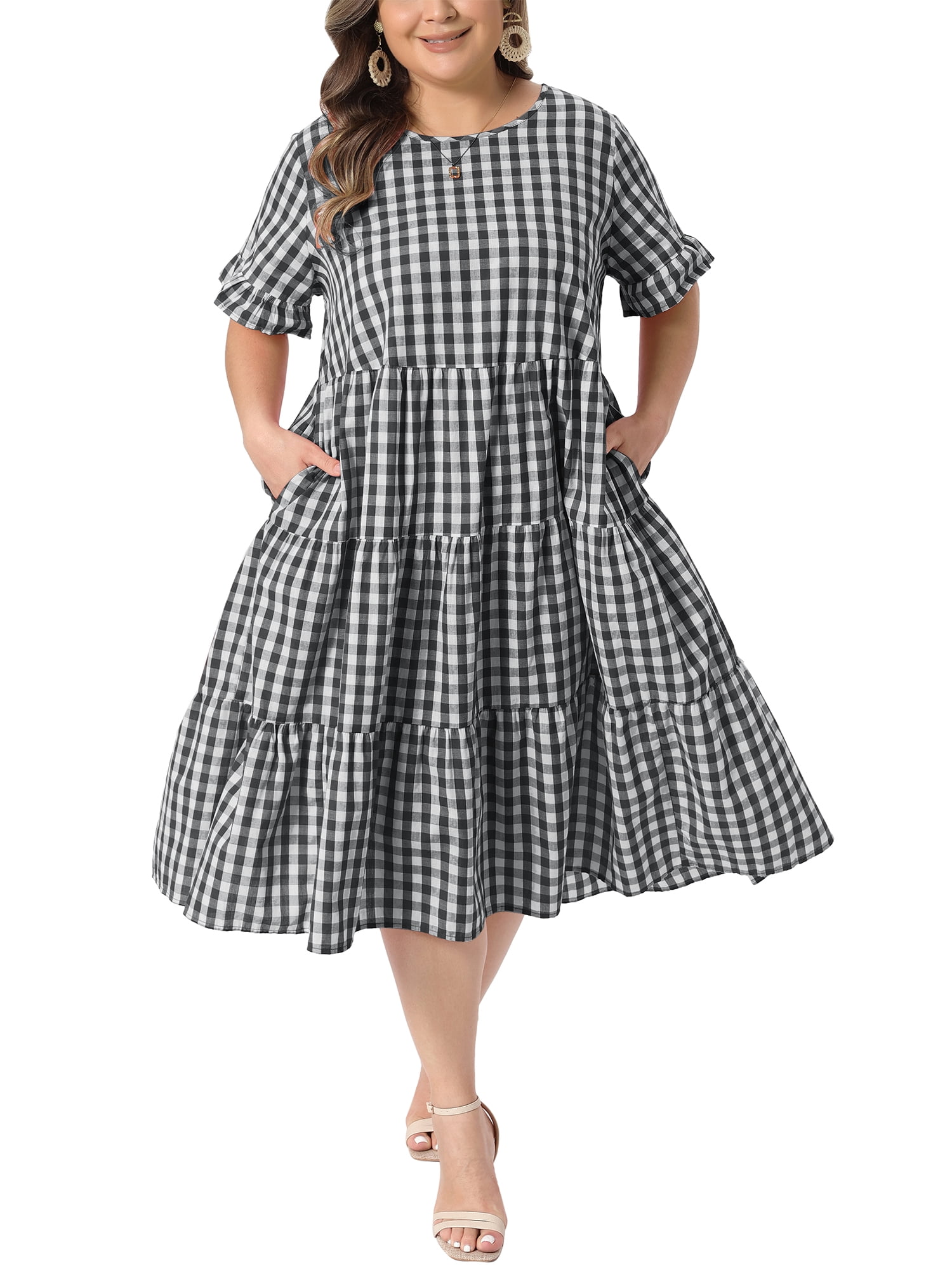 DARING DIVA Women's Plus Gingham Plaid Round Neck Dress 1X Black