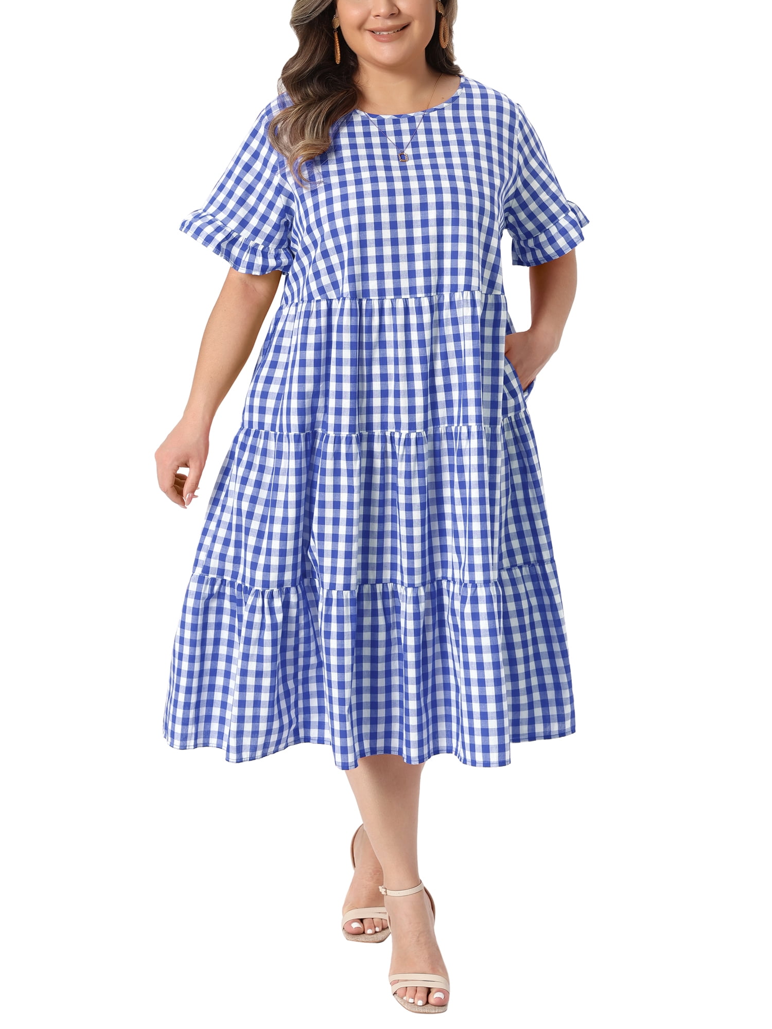 DARING DIVA Women's Plus Gingham Plaid Round Neck Dress 4X Dark Blue