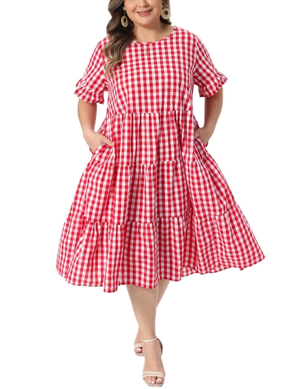 Women's Plus Gingham Plaid Round Neck Dress 4X Red