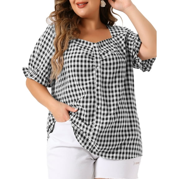 DARING DIVA Women's Plus Gingham Sweetheart V Neck Puff Short Sleeve Blouse 1X Black White