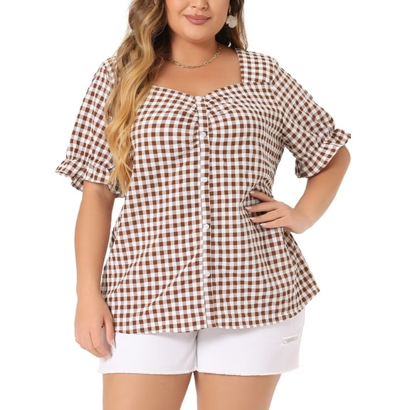 DARING DIVA Women's Plus Gingham Sweetheart V Neck Puff Short Sleeve Blouse 1X Brown