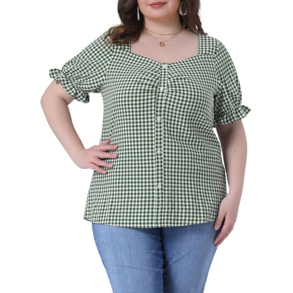 DARING DIVA Women's Plus Gingham Sweetheart V Neck Puff Short Sleeve Blouse 1X Dark Green