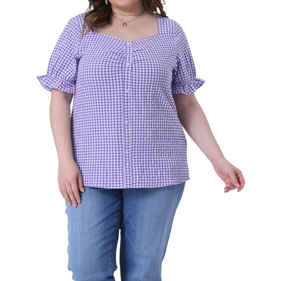 DARING DIVA Women's Plus Gingham Sweetheart V Neck Puff Short Sleeve Blouse 1X Purple