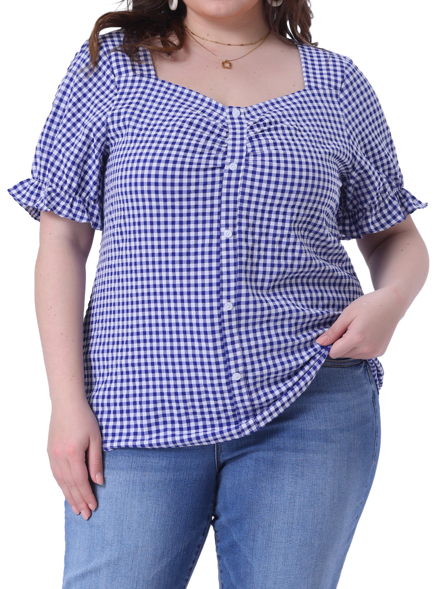 DARING DIVA Women's Plus Size Sweetheart V Neck Puff Short Sleeve Blouse 1X Royal Blue