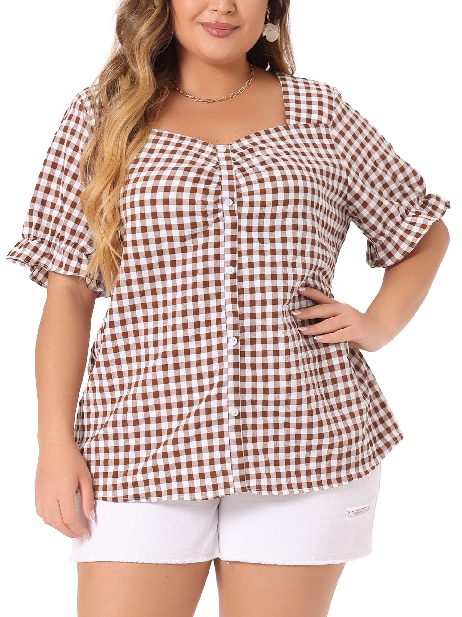DARING DIVA Women's Plus Size Sweetheart V Neck Puff Short Sleeve Blouse 4X Brown