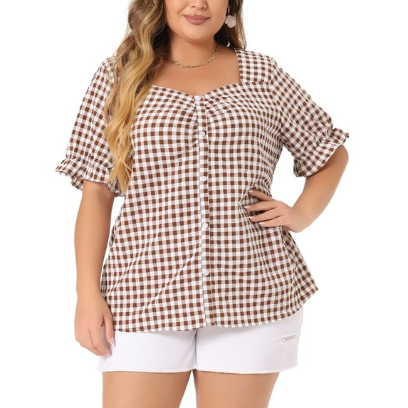 DARING DIVA Women's Plus Gingham Sweetheart V Neck Puff Short Sleeve Blouse 4X Brown