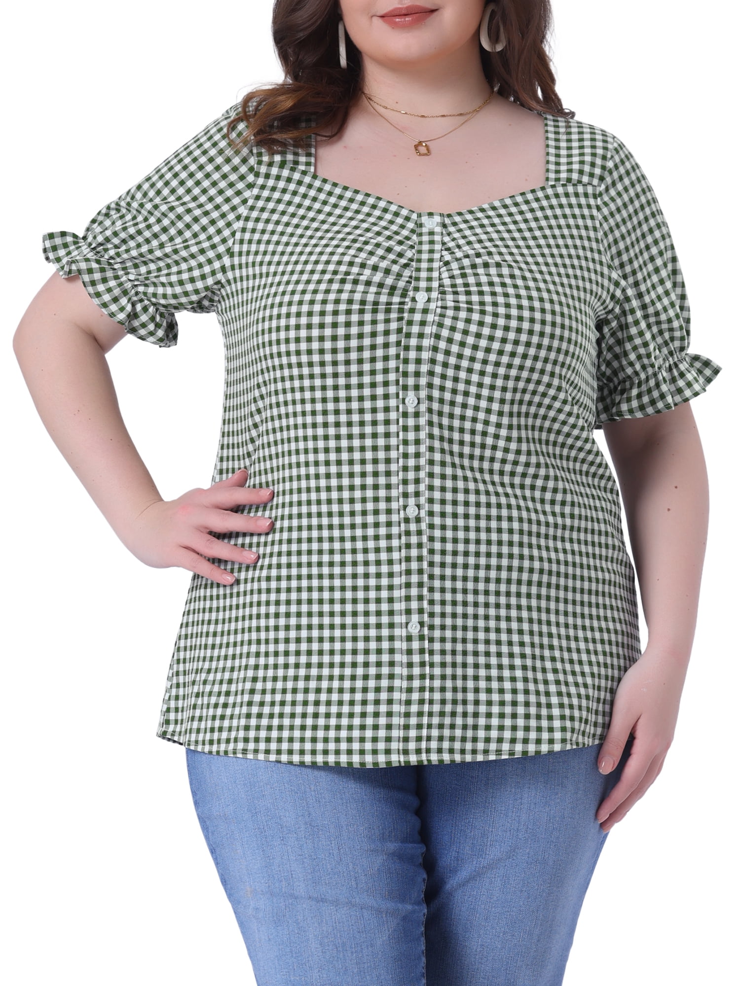 DARING DIVA Women's Plus Size Sweetheart V Neck Puff Short Sleeve Blouse 4X Dark Green