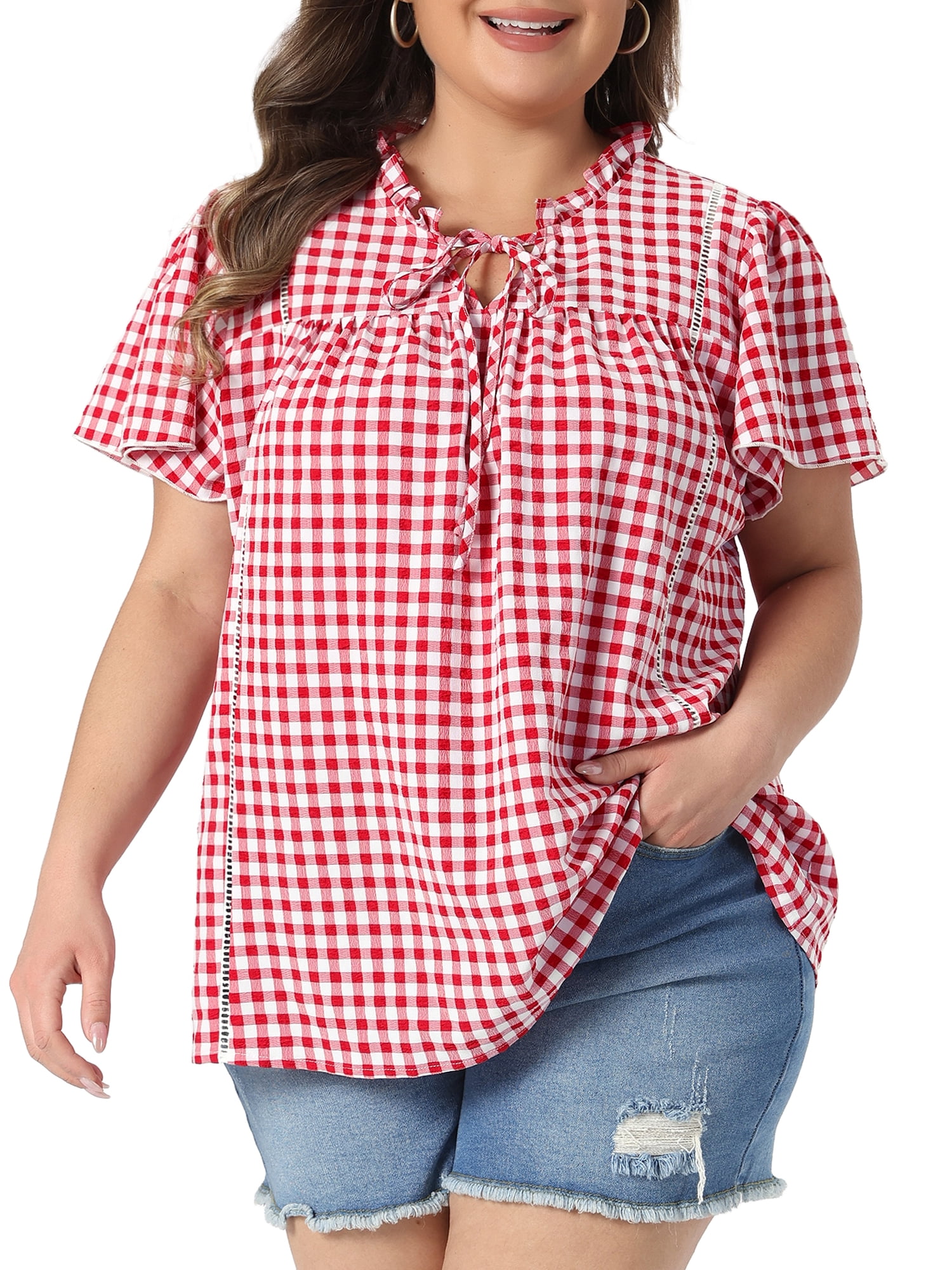 DARING DIVA Women's Plus Gingham Tie Front Ruffle V Neck Blouse 3X Red