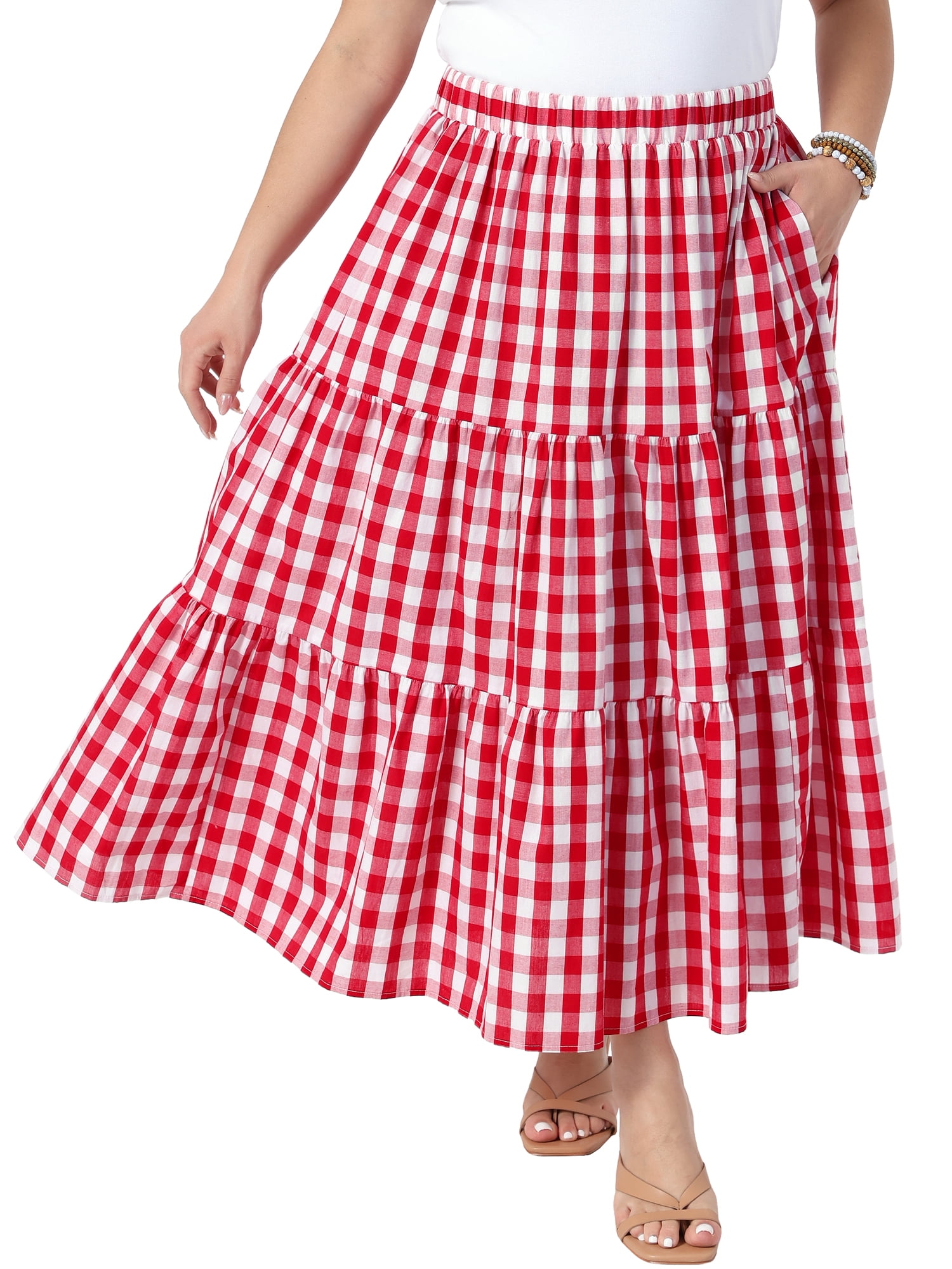 DARING DIVA Women's Plus Gingham Tiered Layer A Line Skirts 3X Red