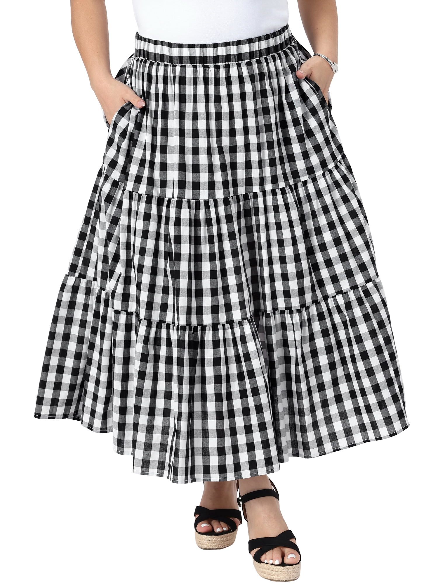 DARING DIVA Women's Plus Gingham Tiered Layer A Line Skirts 4X Black
