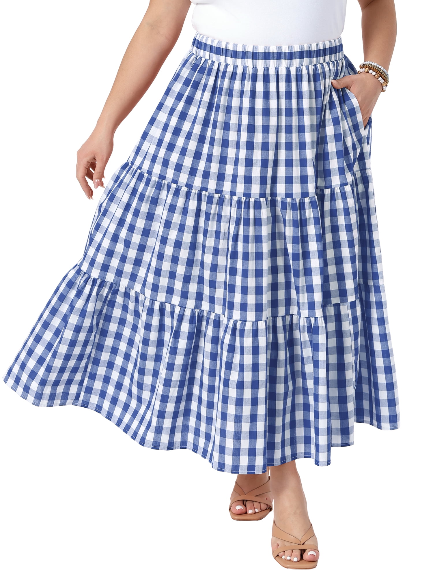 DARING DIVA Women's Plus Gingham Tiered Layer A Line Skirts 4X Blue