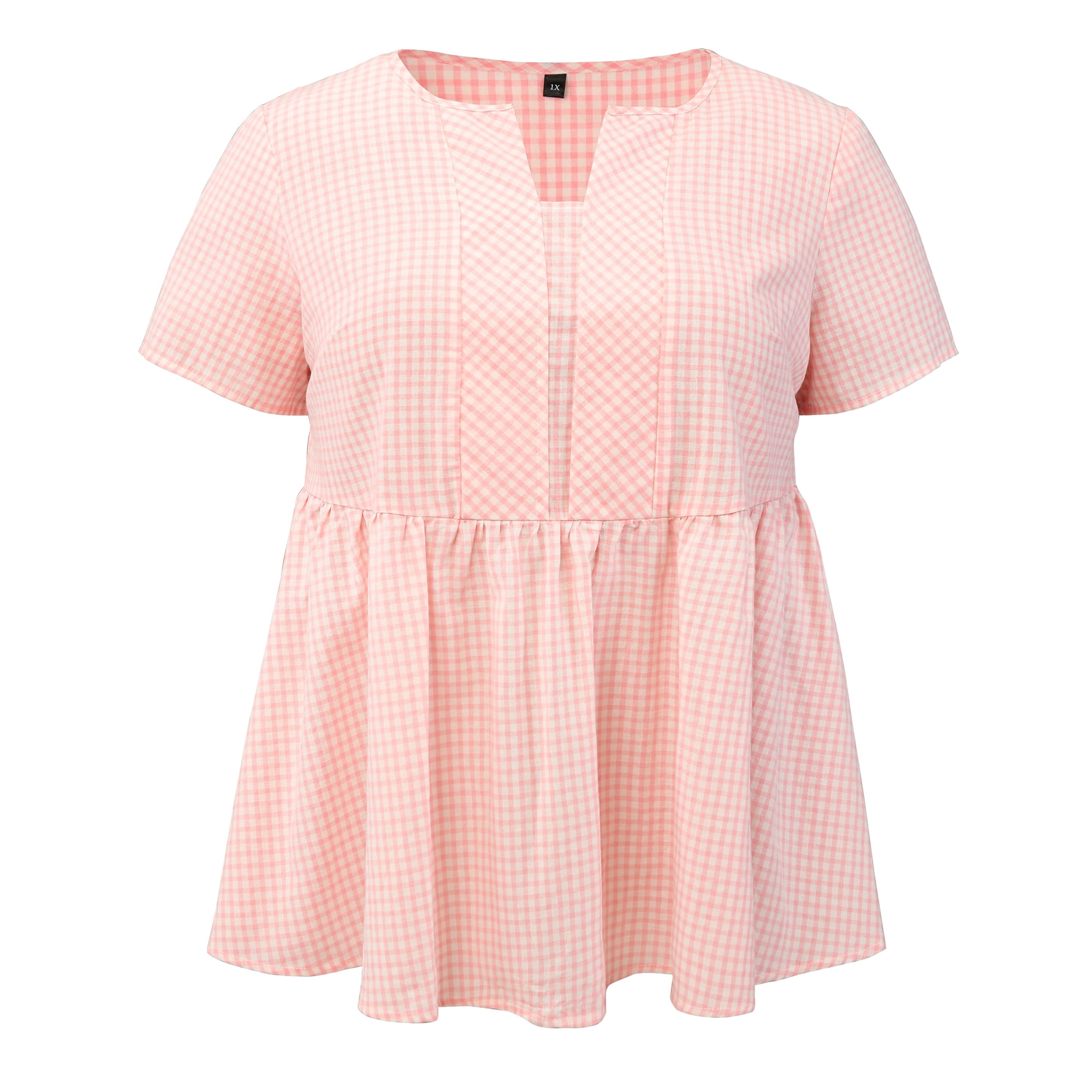 DARING DIVA Women's Plus Gingham Tops Plaid Notch Neck Blouse 3X Light Pink