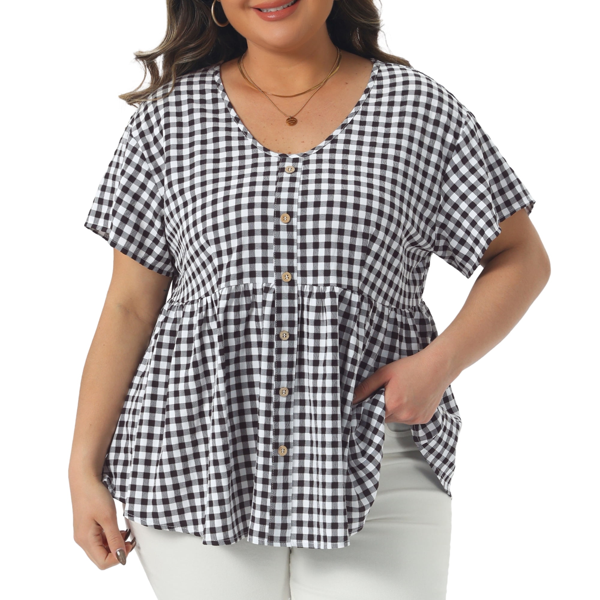 Women's Plus Gingham Tops Plaid Short Sleeve V Neck Summer Babydoll Top 4X Black