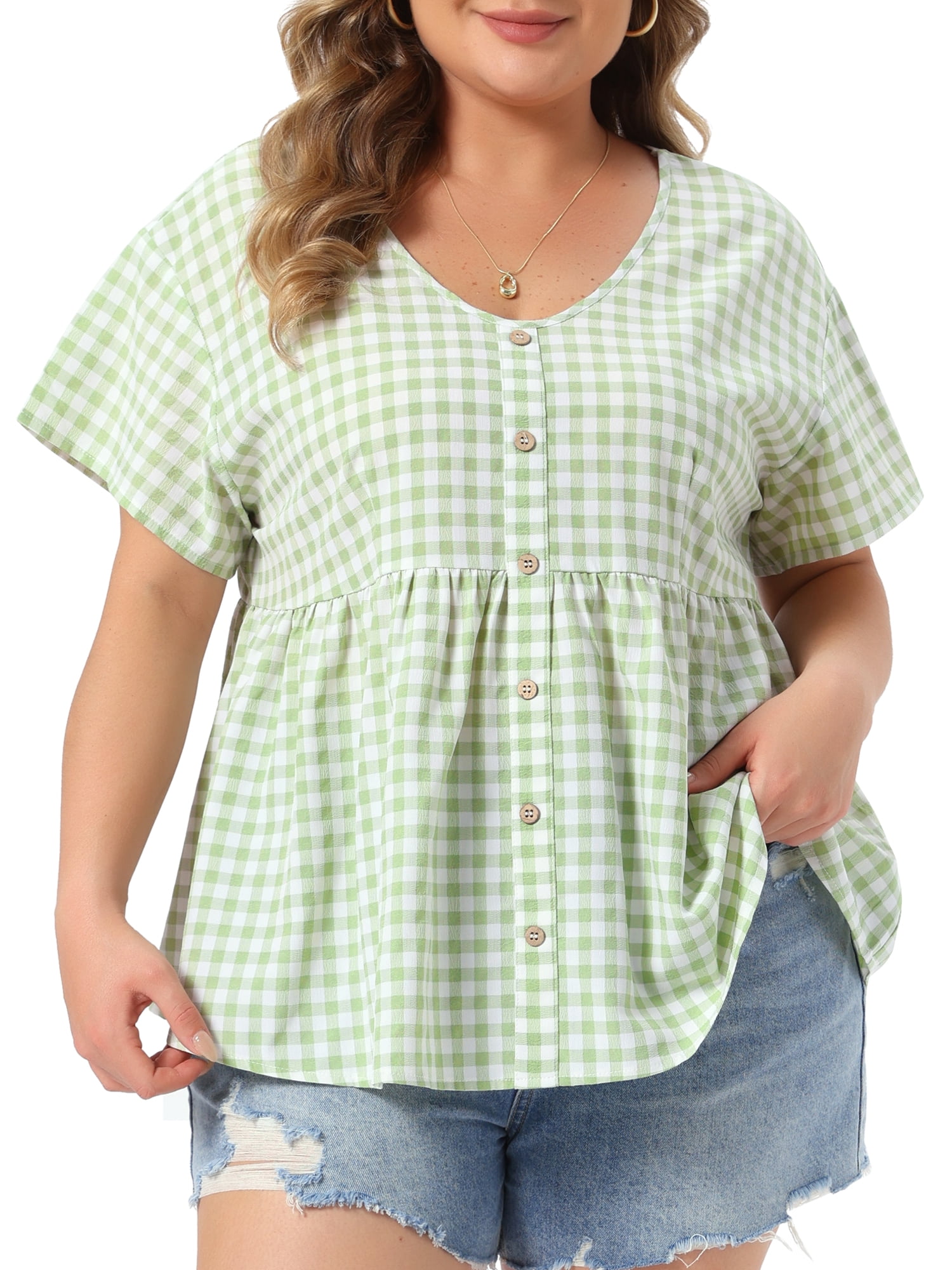 DARING DIVA Women's Plus Gingham Tops Plaid  V Neck Summer Babydoll Top 2X Light Green