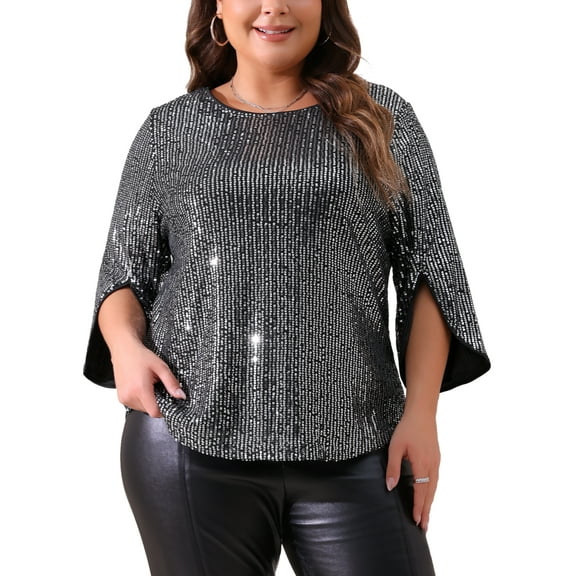 DARING DIVA Women's Plus Glitter 3/4 Sleeve Sparkle Sequin Blouse 1X Black