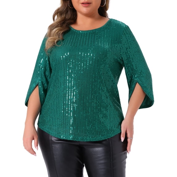 DARING DIVA Women's Plus Glitter 3/4 Sleeve Sparkle Sequin Blouse 1X Green