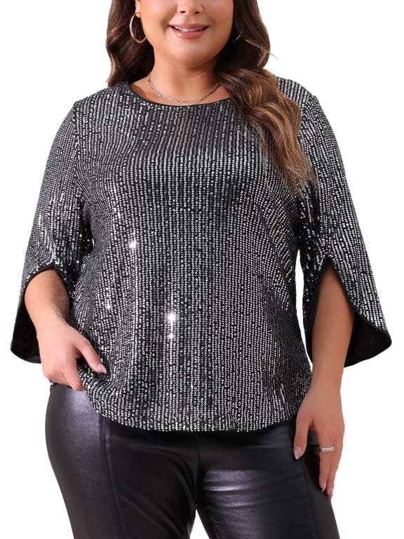 Women's Plus Glitter 3/4 Sleeve Sparkle Sequin Blouse 2X Black