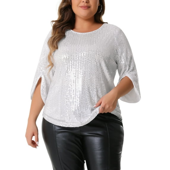 DARING DIVA Women's Plus Glitter 3/4 Sleeve Sparkle Sequin Blouse 2X Silver