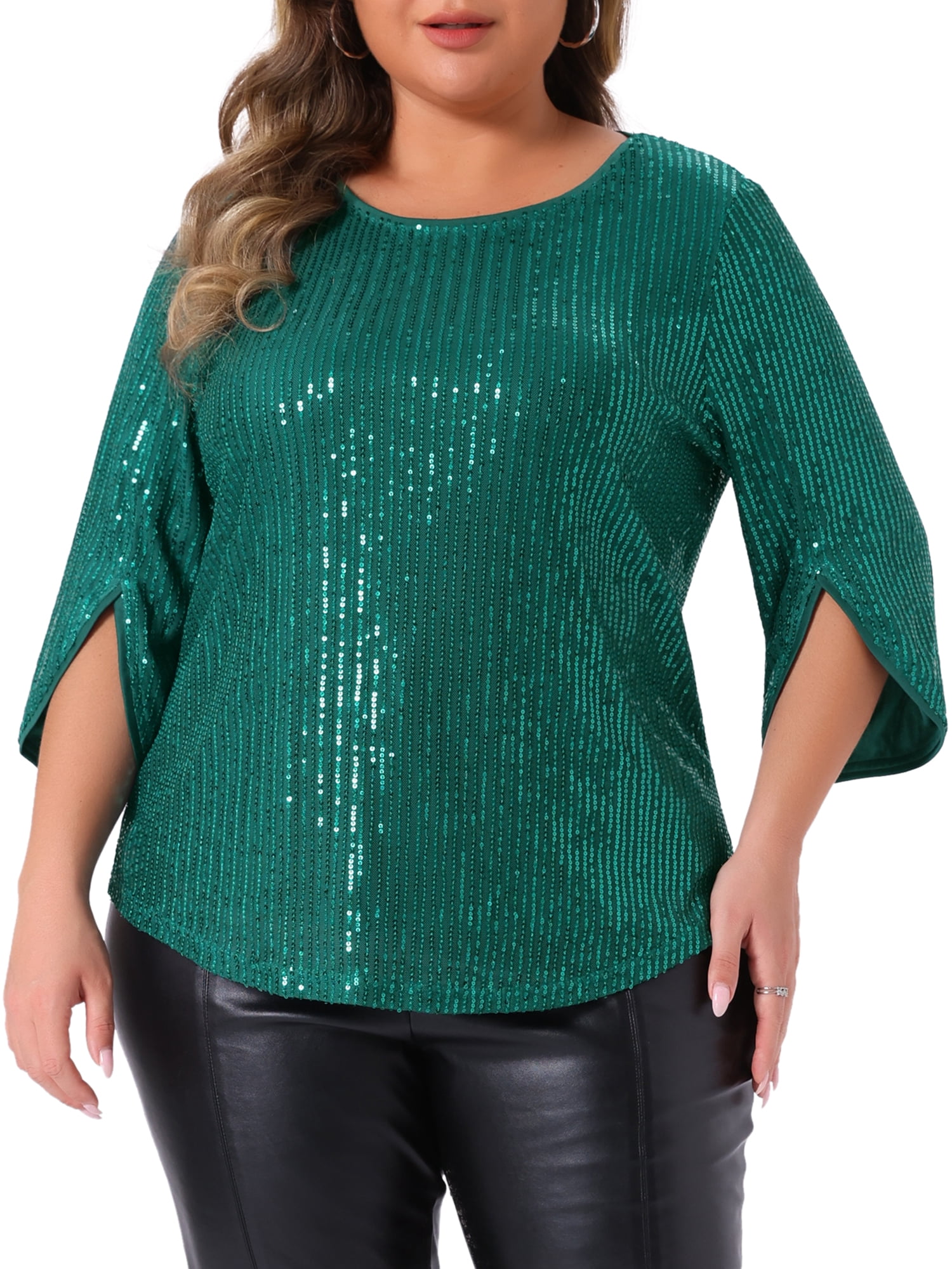 DARING DIVA Women's Plus Glitter 3/4 Sleeve Sparkle Sequin Blouse 3X Green