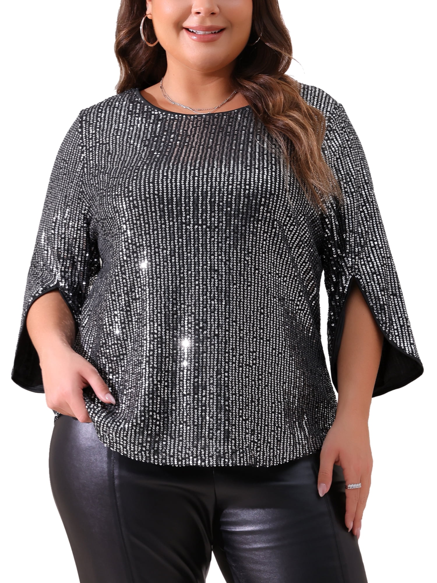 DARING DIVA Women's Plus Glitter 3/4 Sleeve Sparkle Sequin Blouse 4X Black