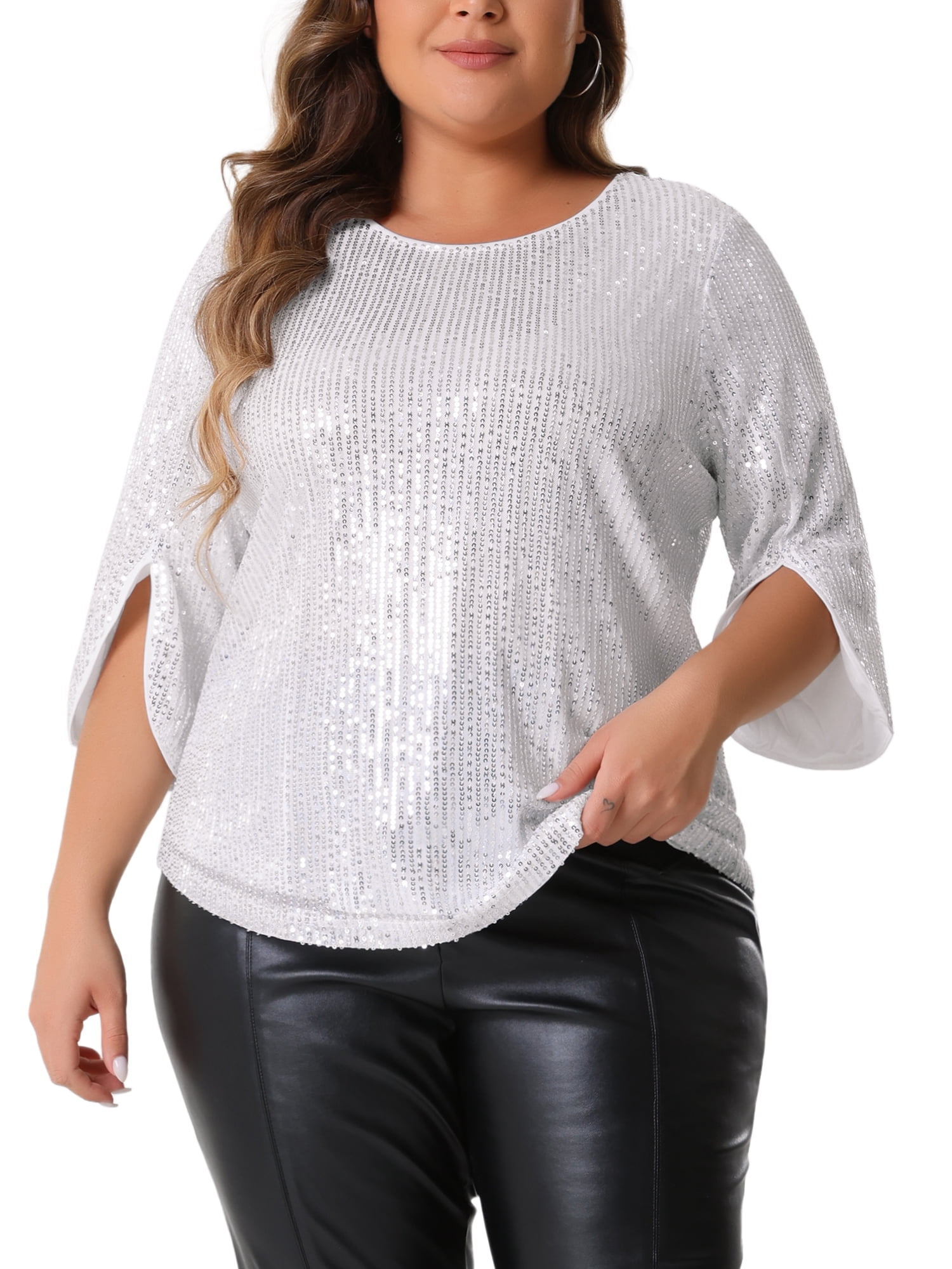 DARING DIVA Women's Plus Glitter 3/4 Sleeve Sparkle Sequin Blouse 4X Silver