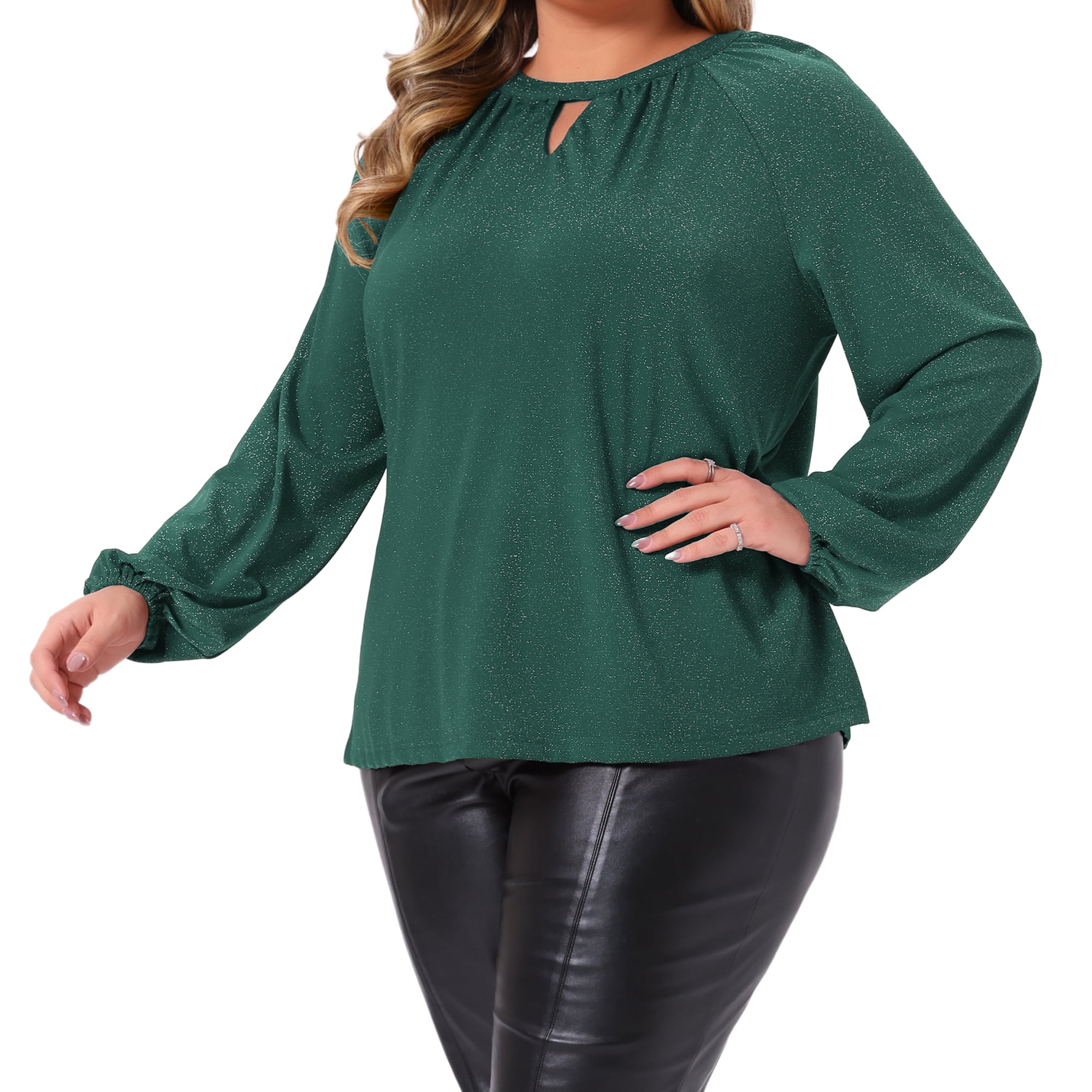 DARING DIVA Women's Plus Glitter Keyhole V Neck Blouses 4X Green