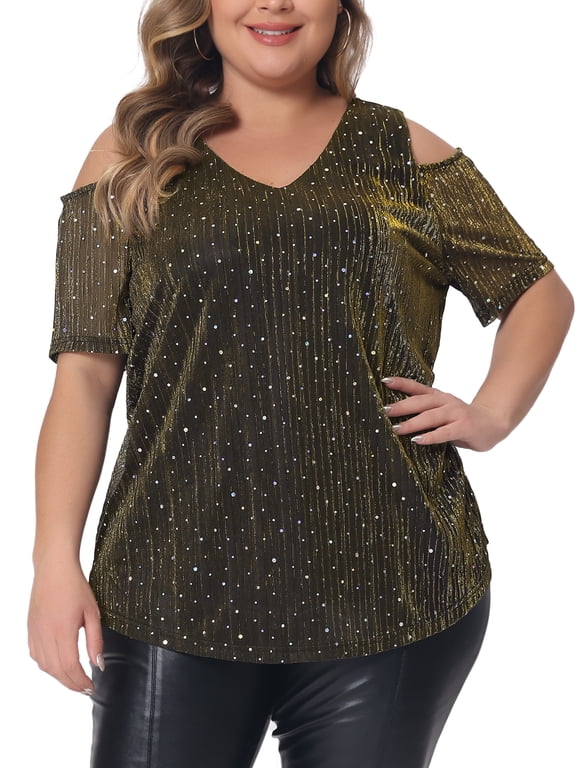 Women's Plus Glitter Sequin Cold Shoulder Short Sleeve Party Blouse 2X Gold