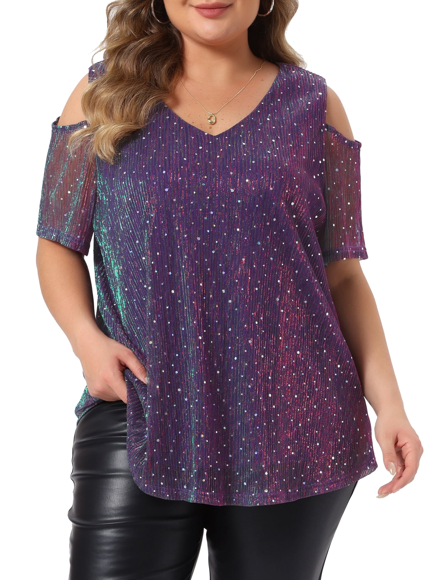 DARING DIVA Women's Plus Glitter Sequin Cold Shoulder  Party Blouse 3X Blue Purple