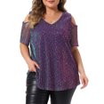 thumbnail image 1 of DARING DIVA Women's Plus Glitter Sequin Cold Shoulder  Party Blouse 3X Blue Purple, 1 of 6