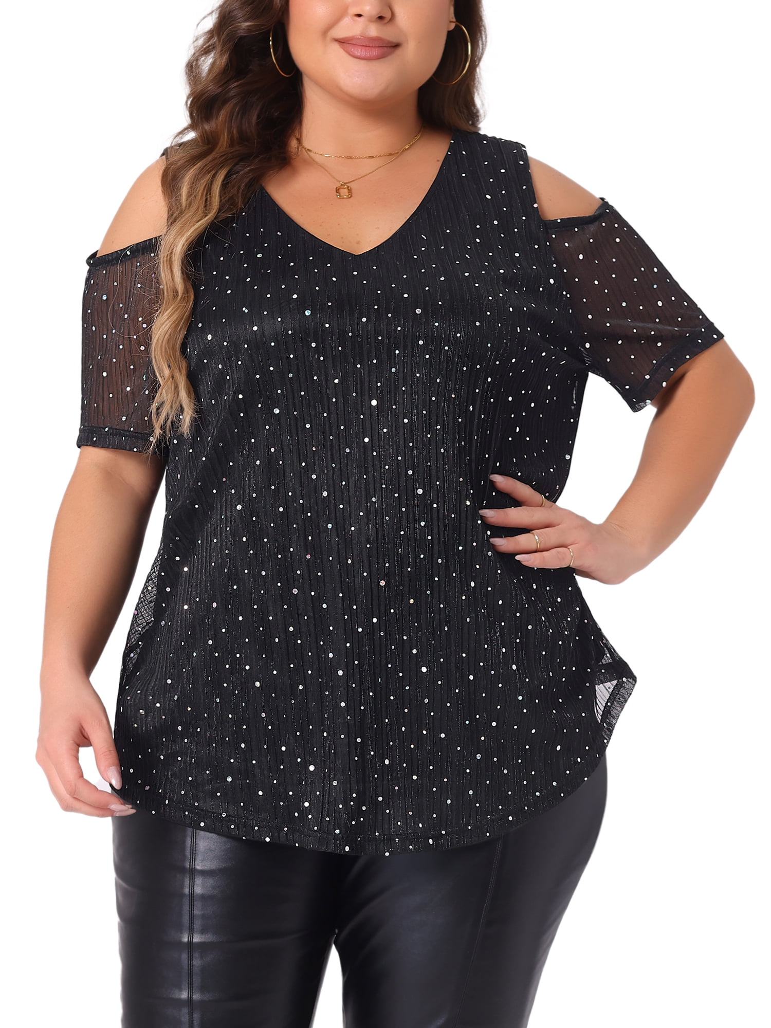 Women's Plus Glitter Sequin Cold Shoulder Short Sleeve Party Blouse 2X Black