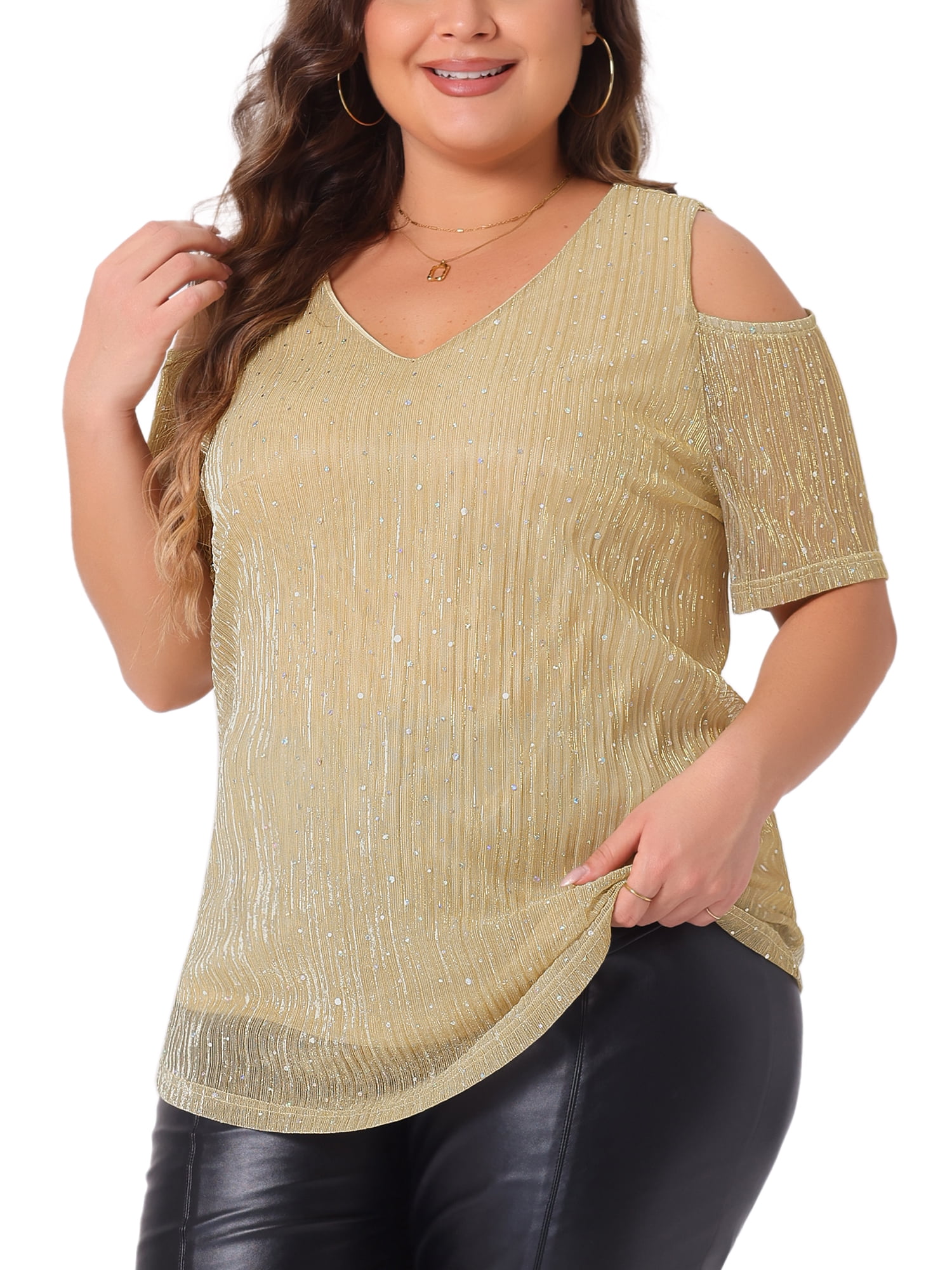 Women's Plus Glitter Sequin Cold Shoulder Short Sleeve Party Blouse 2X Yellow
