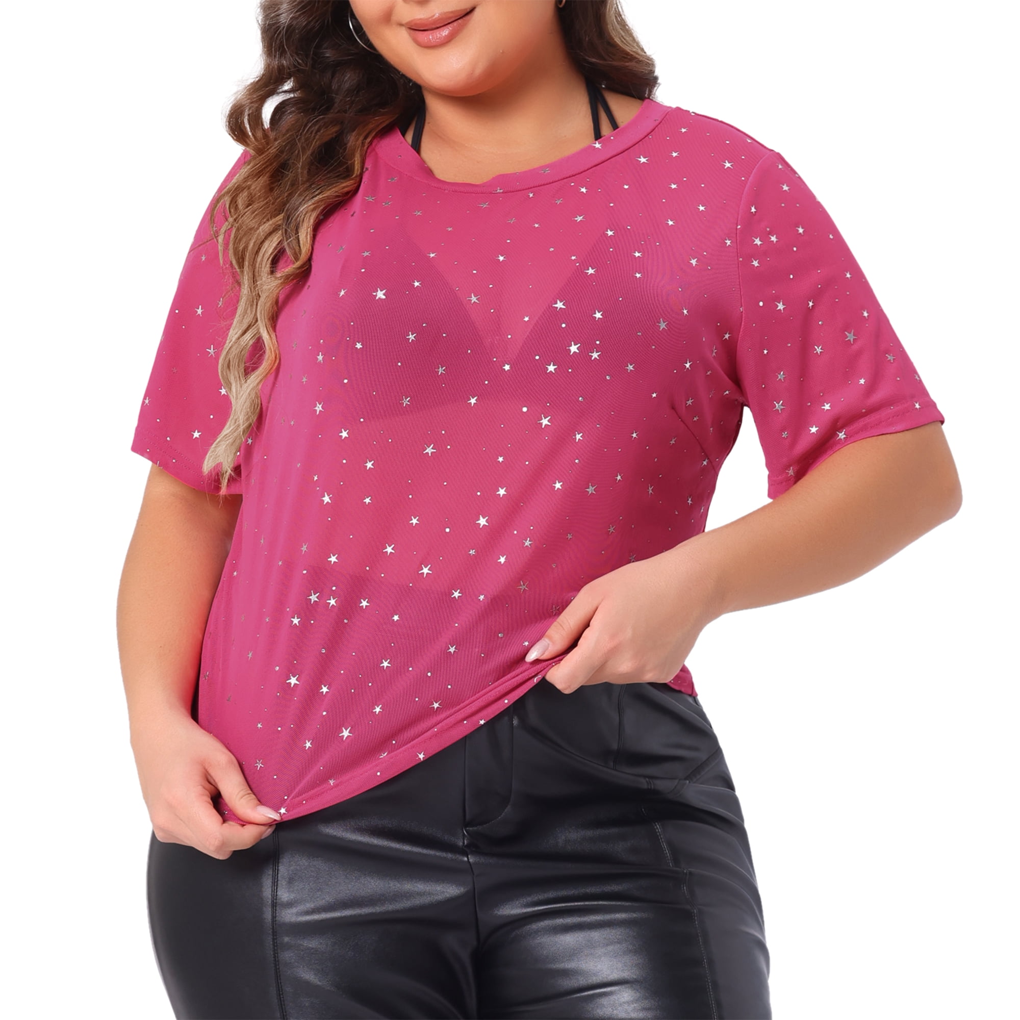 DARING DIVA Women's Plus Glitter Silver Star Sheer Crop Blouse 4X Hot Pink