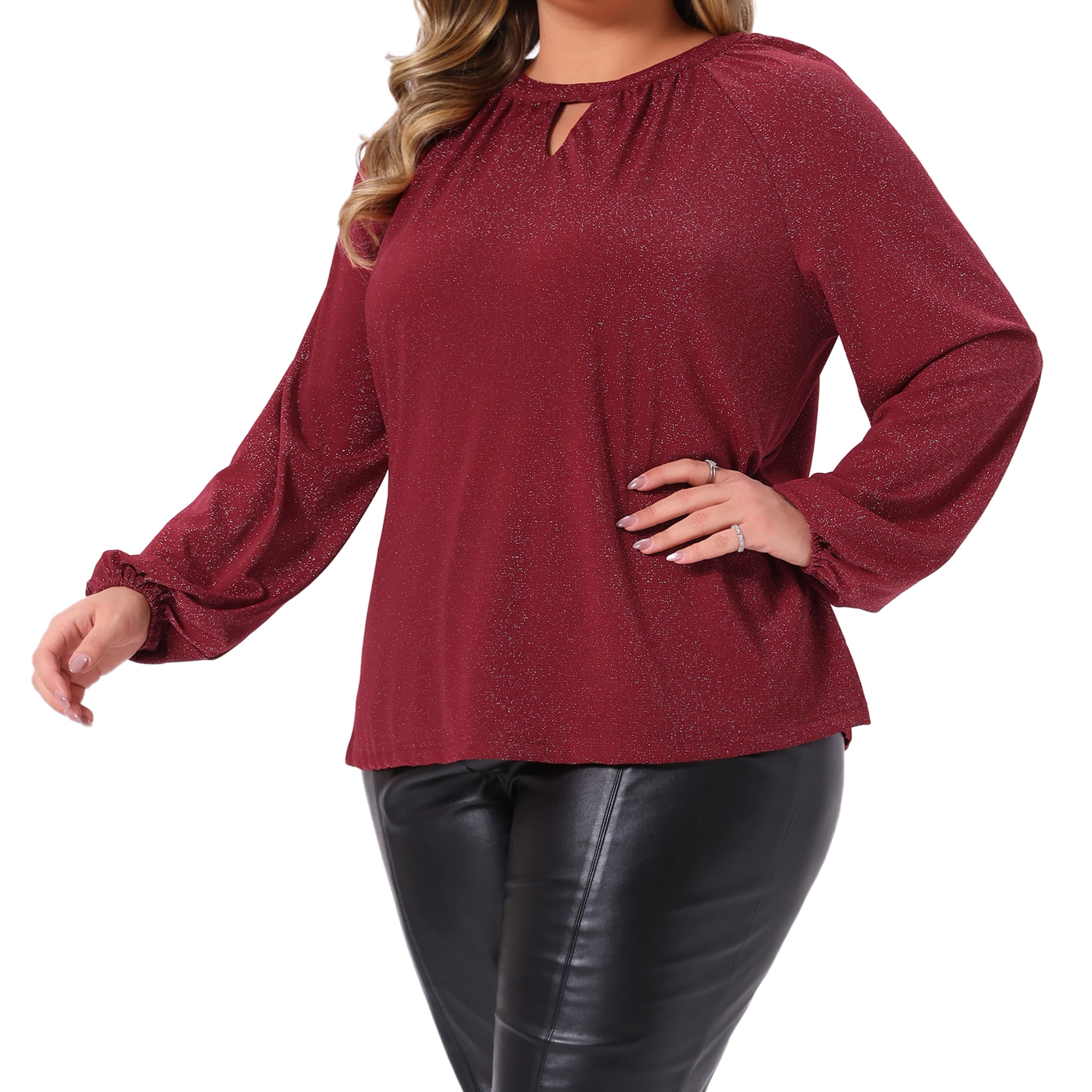 DARING DIVA Women's Plus Glitter Keyhole V Neck Blouses 2X Burgundy