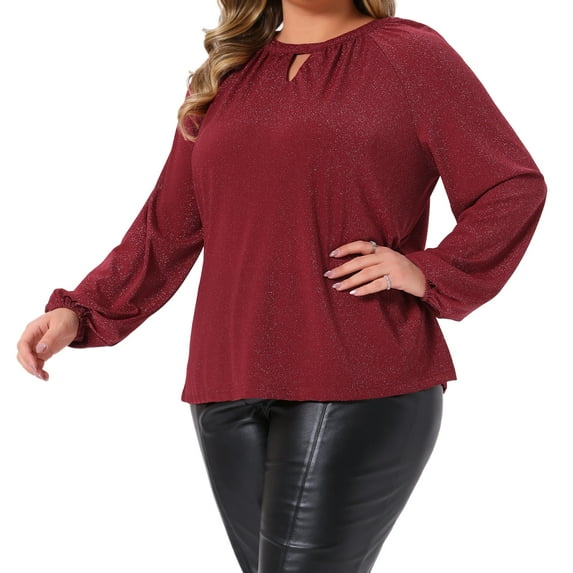 DARING DIVA Women's Plus Glitter Keyhole V Neck Blouses 2X Burgundy