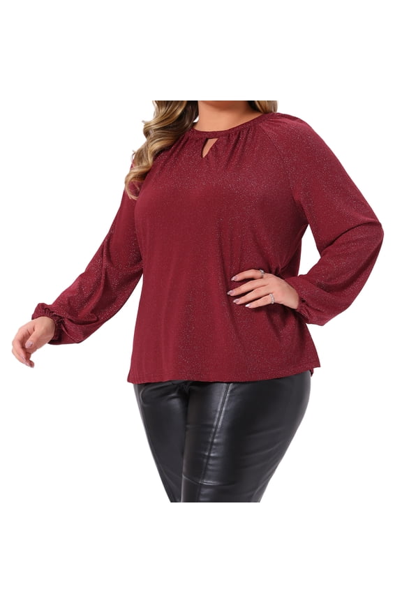Women's Plus Glitter Keyhole V Neck Blouses 2X Burgundy