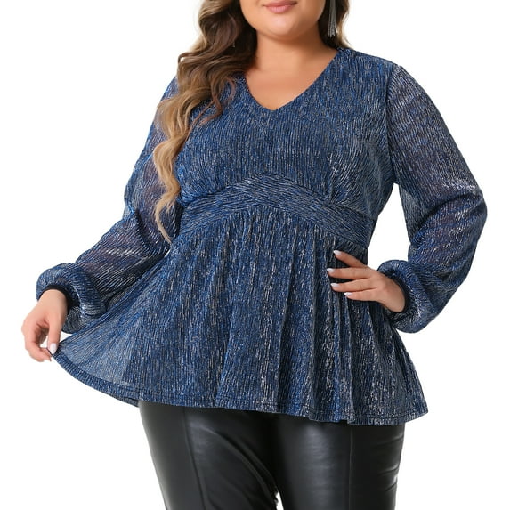 DARING DIVA Women's Plus Glitter V-Neck Waist Pleat Blouse 1X Navy Blue