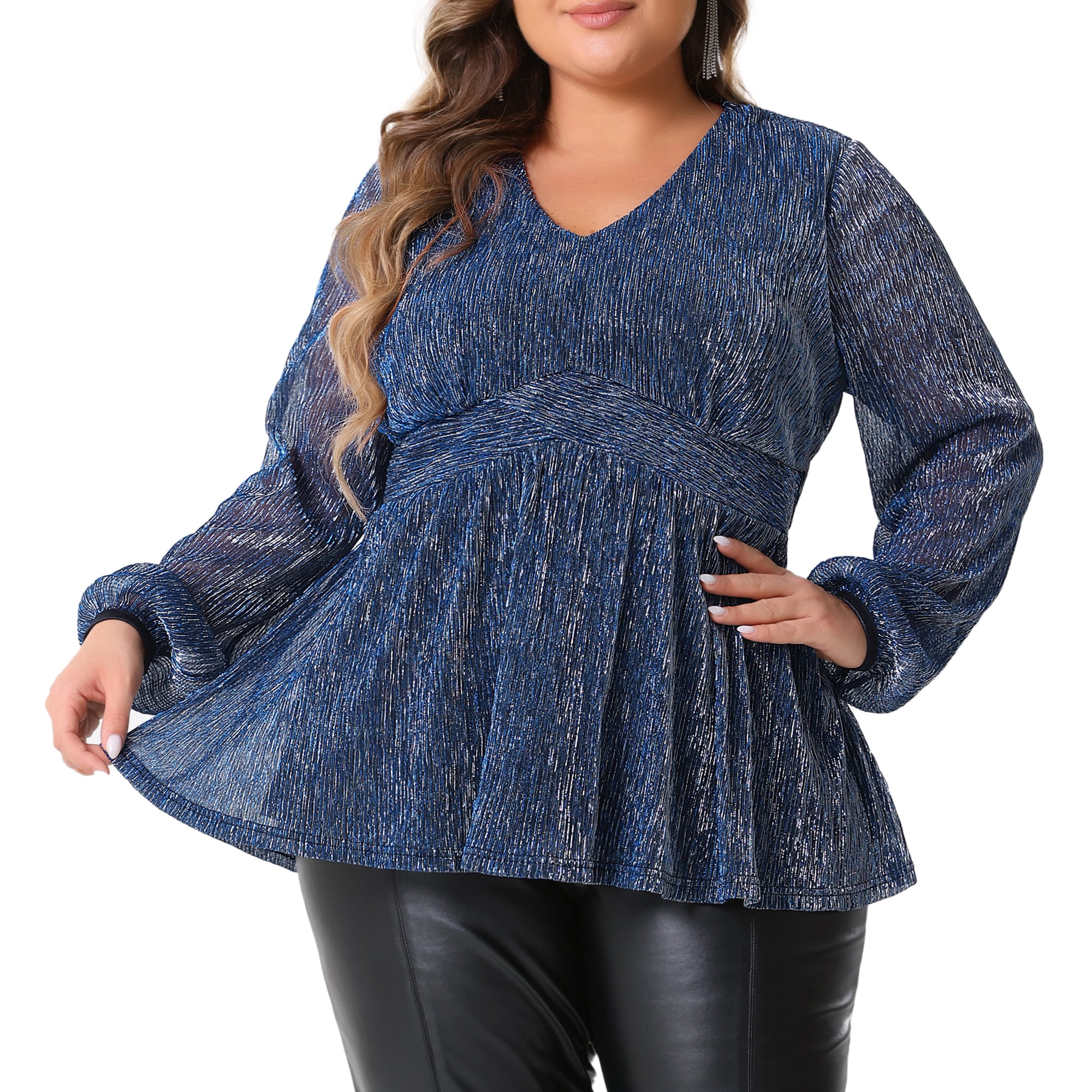 DARING DIVA Women's Plus Glitter V-Neck Waist Pleat Blouse 2X Navy Blue