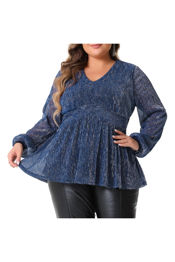 Women's Plus Glitter V-Neck Waist Pleat Blouse 3X Navy Blue
