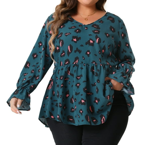 DARING DIVA Women's Plus Graphic Print Belted Long Sleeve V Neck Top 1X Teal Blue