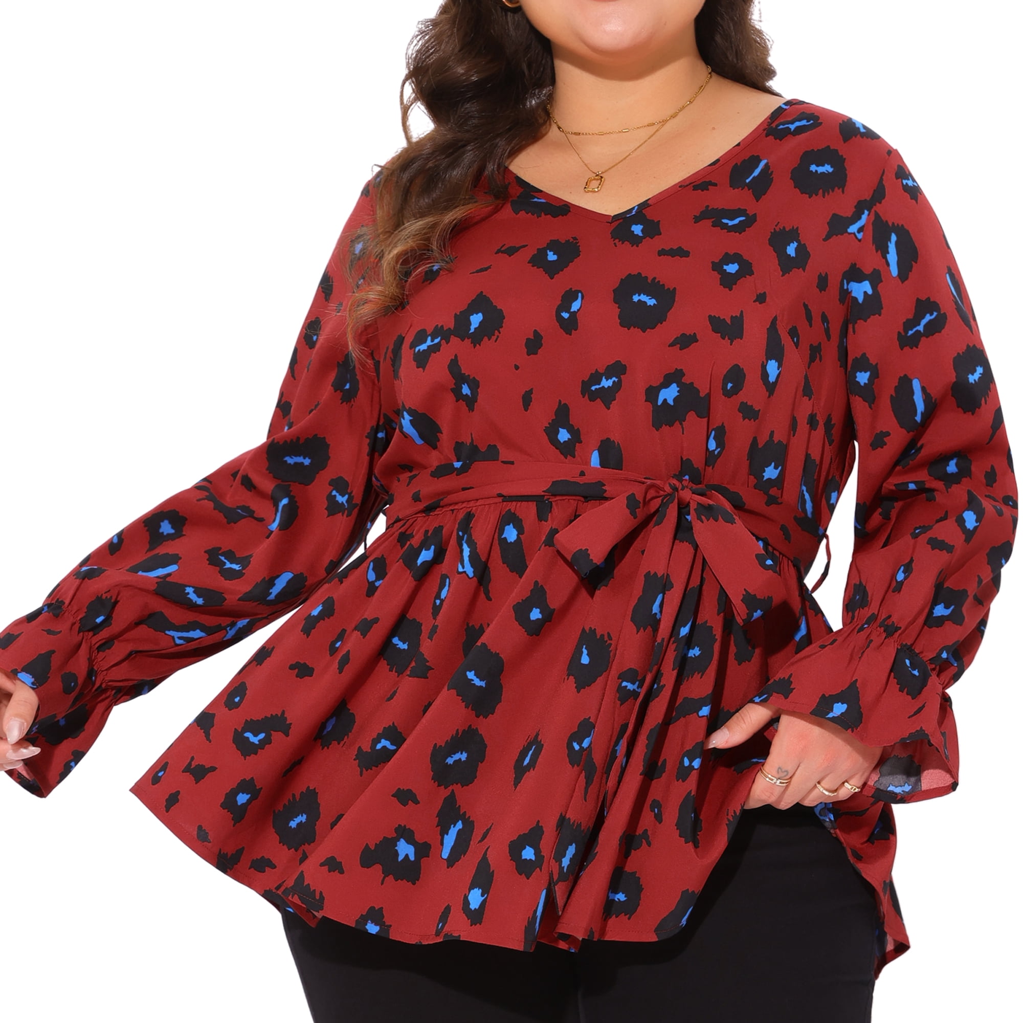 DARING DIVA Women's Plus Graphic Print Belted Long Sleeve V Neck Top 2X Red