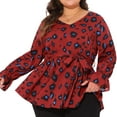thumbnail image 1 of DARING DIVA Women's Plus Graphic Print Belted Long Sleeve V Neck Top 2X Red, 1 of 6