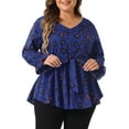 thumbnail image 1 of DARING DIVA Women's Plus Graphic Print Belted Long Sleeve V Neck Top 2X Royal Blue, 1 of 6