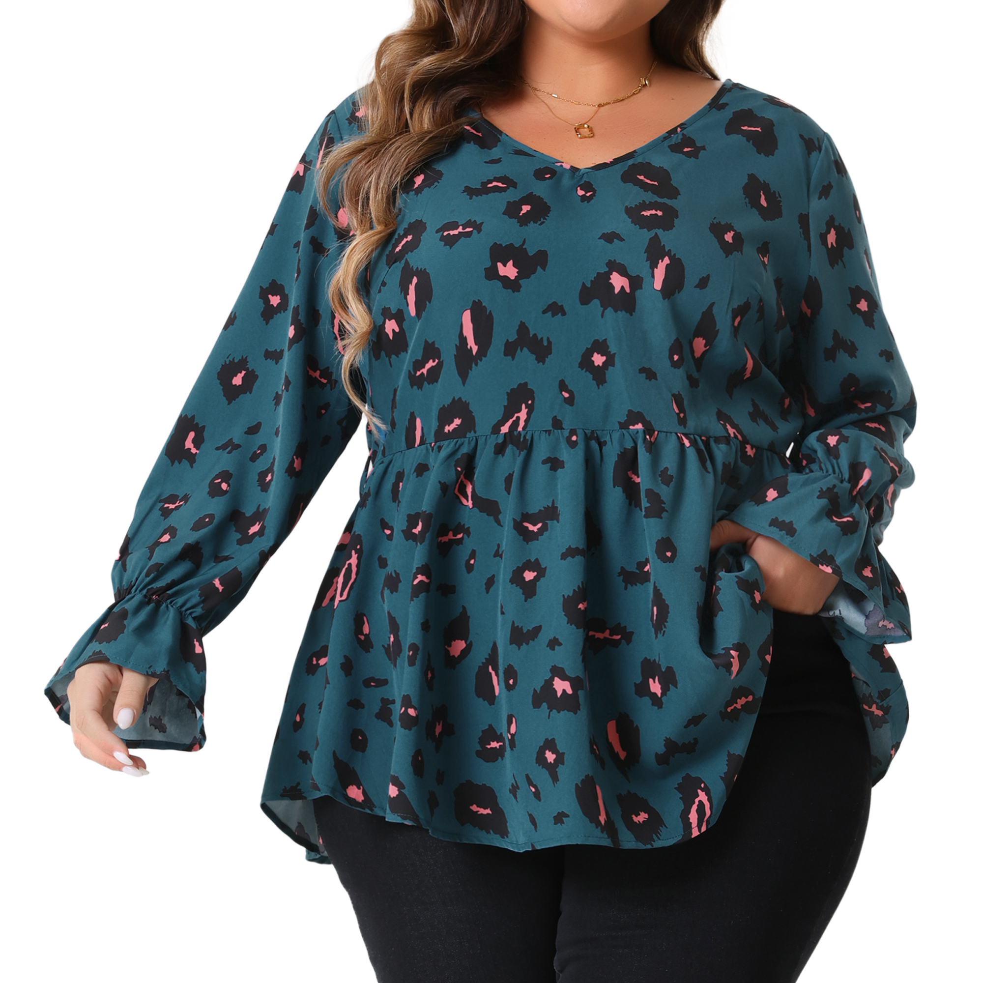 DARING DIVA Women's Plus Graphic Print Belted Long Sleeve V Neck Top 2X Teal Blue