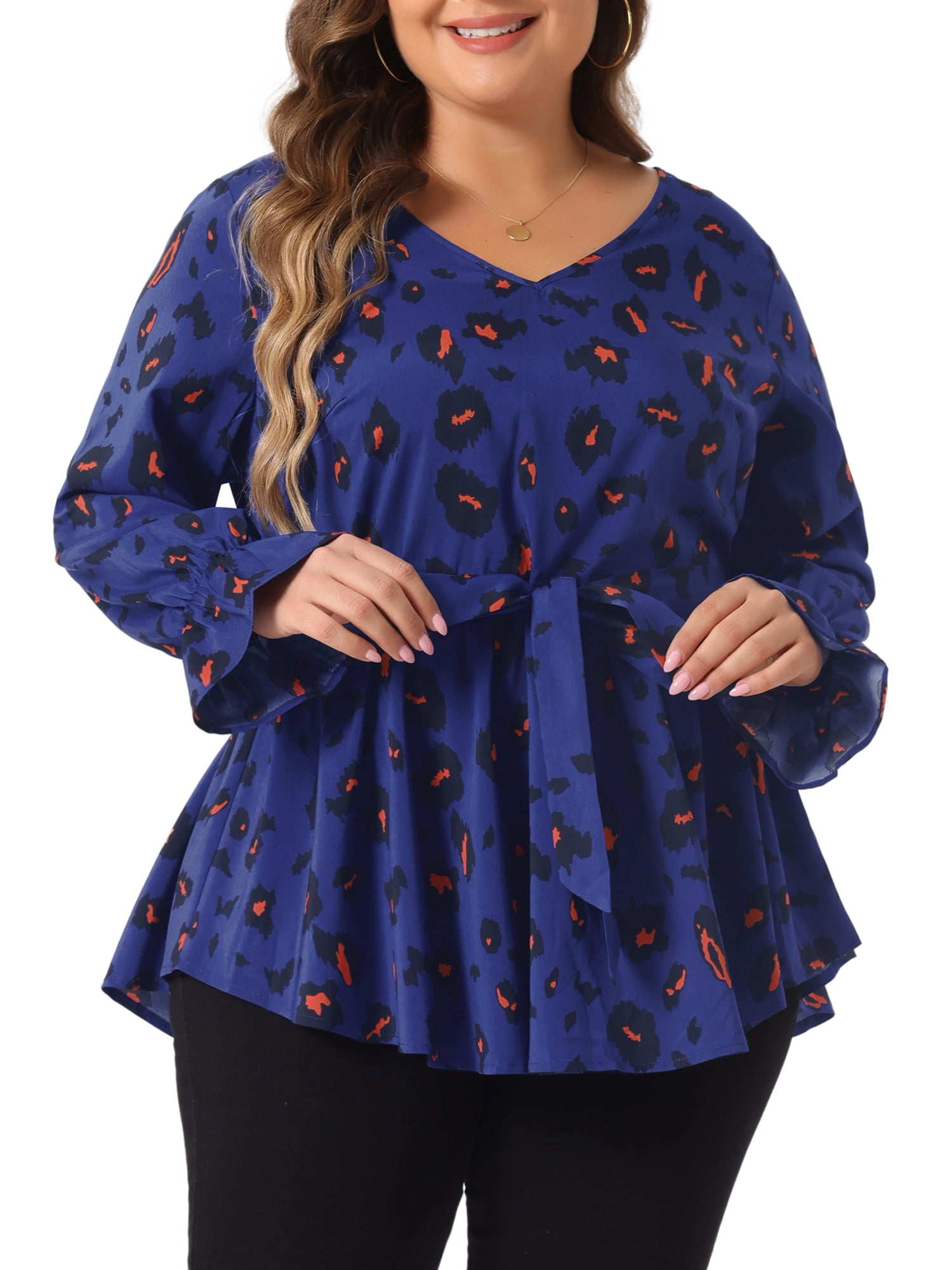 DARING DIVA Women's Plus Graphic Print Belted Long Sleeve V Neck Top 4X Royal Blue
