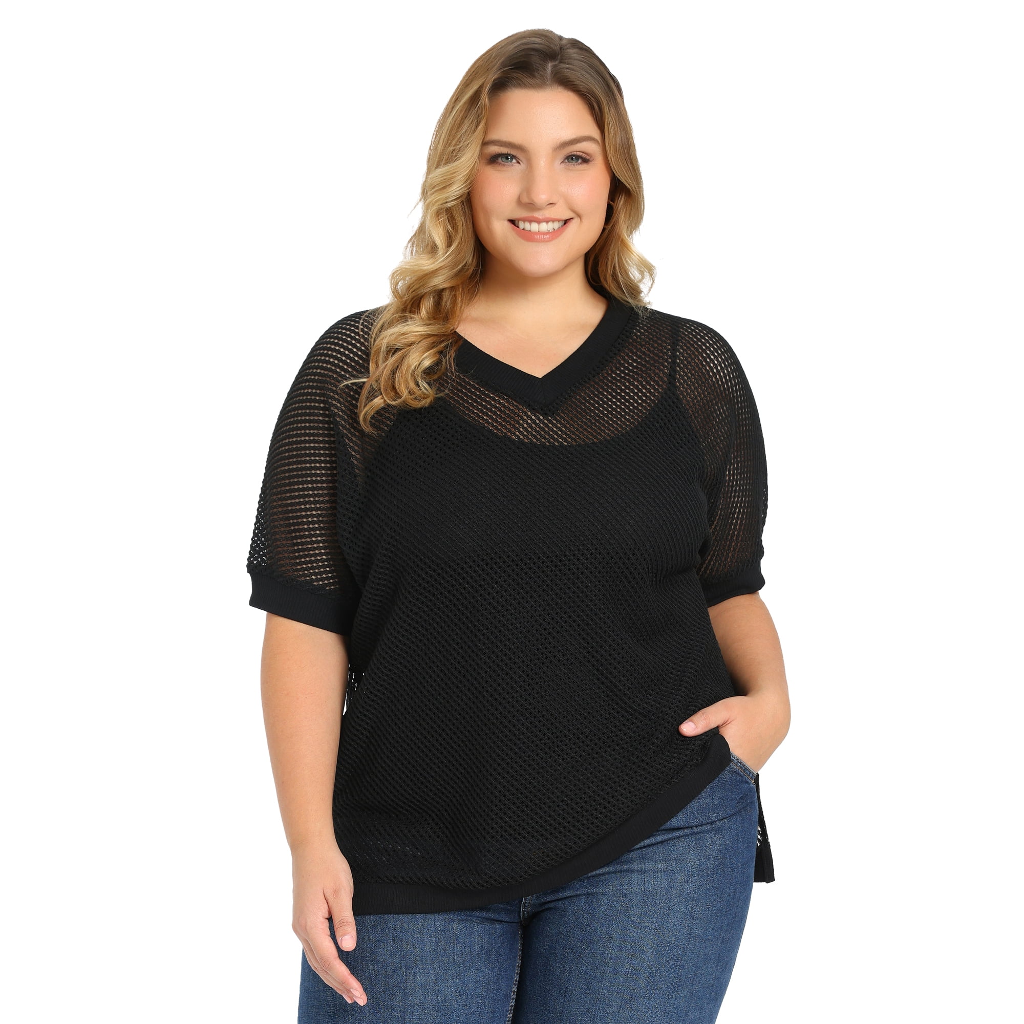 DARING DIVA Women's Plus Half Sleeve Waffle Knit Blouse Casual Top 2X Black