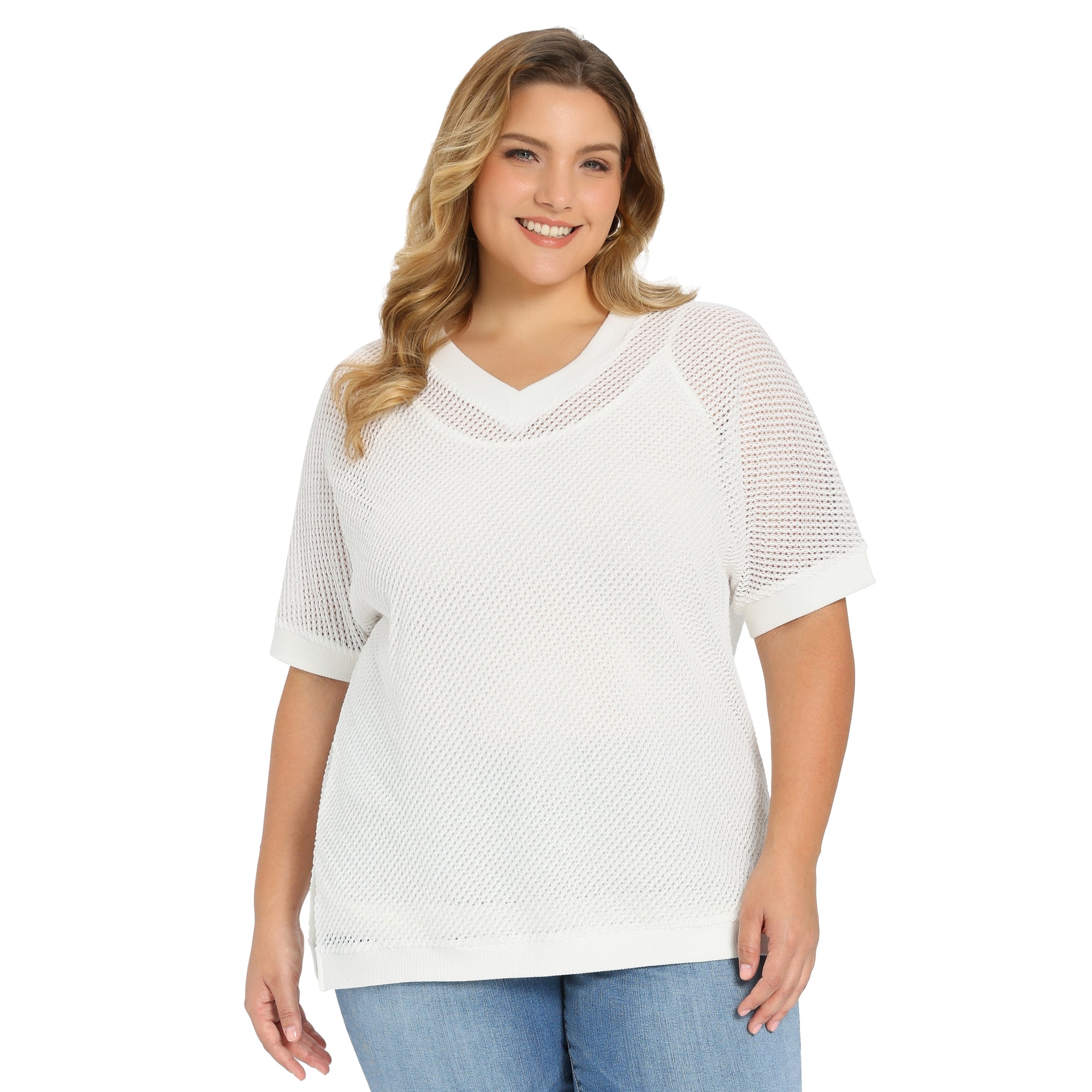 DARING DIVA Women's Plus Half Sleeve Waffle Knit Blouse Casual Top 3X White
