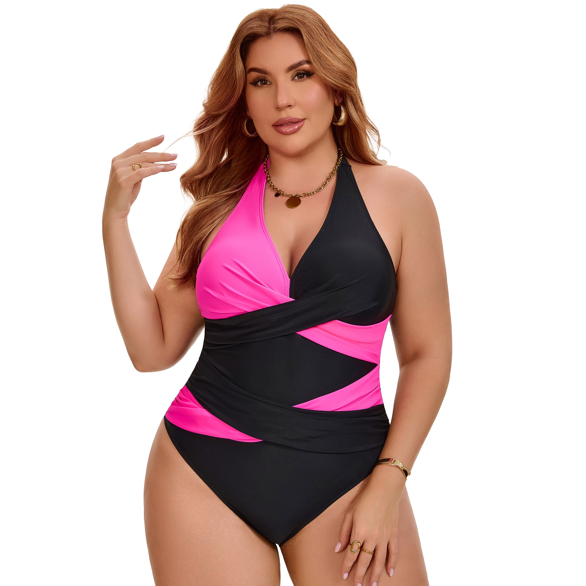 DARING DIVA Women's Plus Halter Criss Cross Backless 1 Piece Bathing Suit L Pink