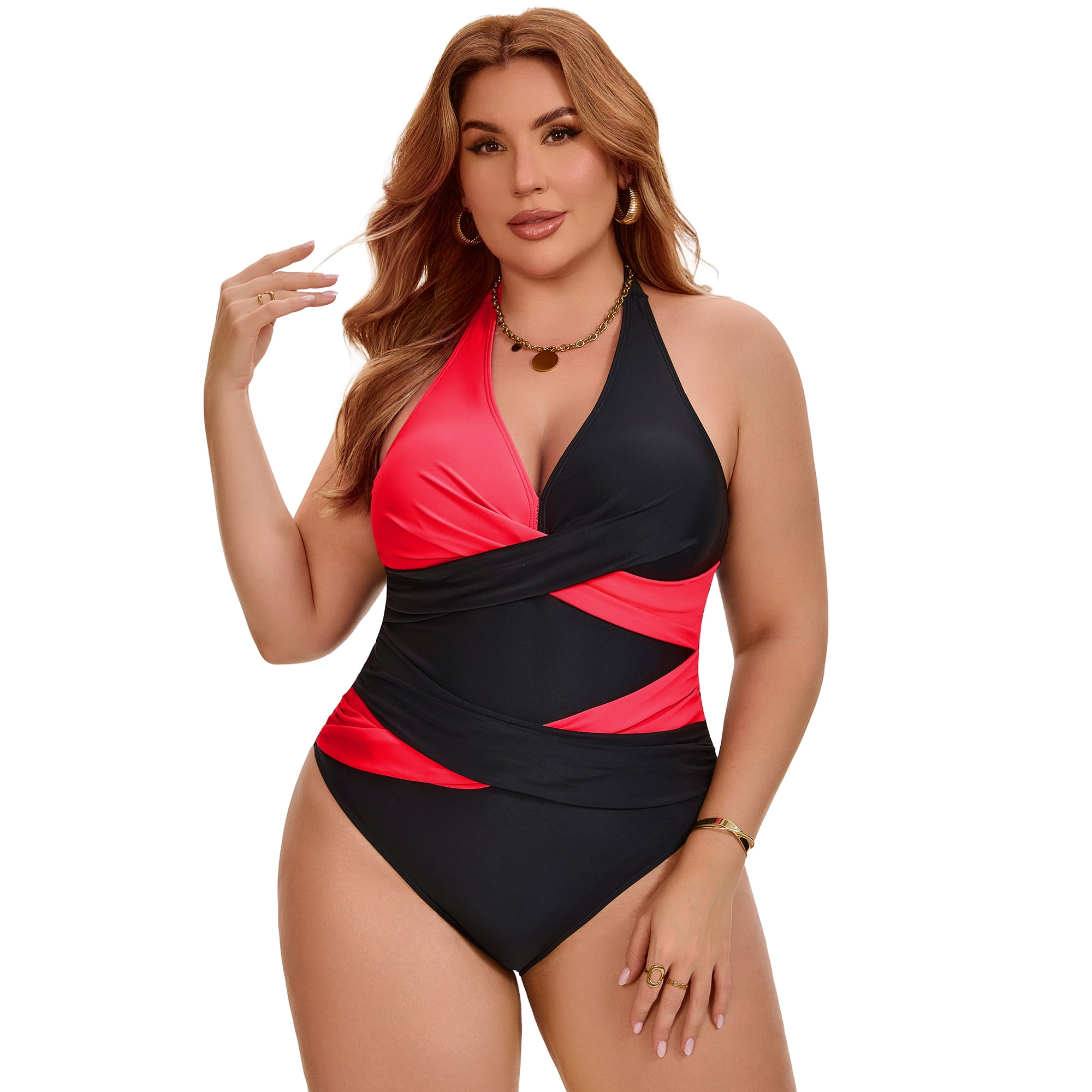 DARING DIVA Women's Plus Halter Criss Cross Backless 1 Piece Bathing Suit L Red